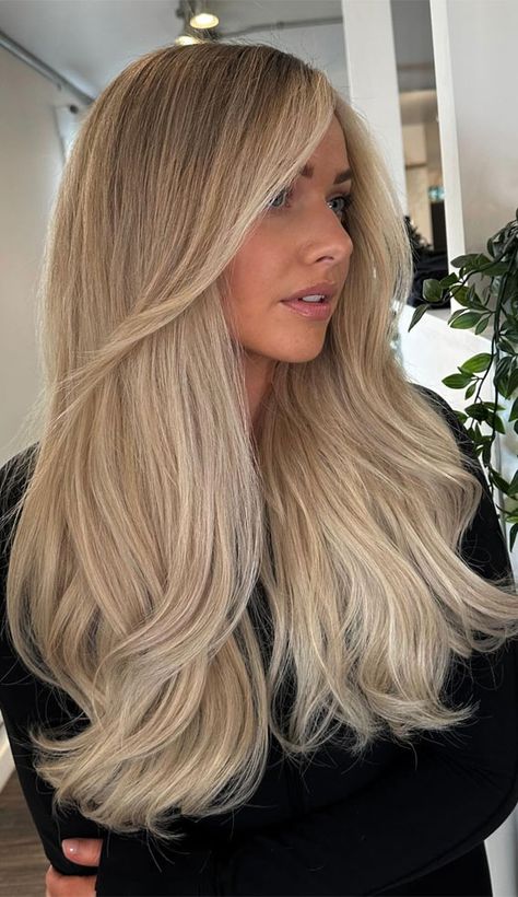 Pretty Blonde Colored Hair, Medium Thick Blonde Hair, Fresh Blonde Balayage, Balayage Hair Blonde On Blonde, Blonde Soft Balayage, Blonde Hair 40s, Straight Styled Hair, Expensive Looking Blonde Hair, Autumnal Blonde Hair