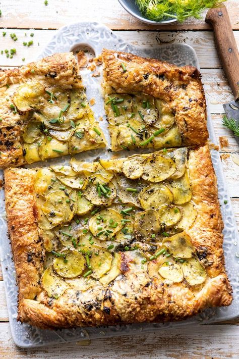 Cheesy Potato Chive Galette | halfbakedharvest.com #potato #cheese #easyrecipes #appetizer #Easter #spring Potato Galette, Spring Appetizers, Half Baked Harvest Recipes, Healthy Potatoes, Potato Cheese, Brunch Items, Galette Recipe, Dinner Snacks, Cheesy Potato