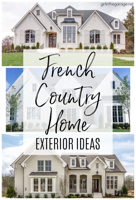 French Country House Exterior Ideas - Girl in the Garage French Country Outside House, French Cottage Homes Exterior, French Country Elevations, French Chateau Style Homes Exterior, Cast Stone Exterior House, Southern French Country Home Exterior, French Country Estate Exterior, Front Elevations Of Homes, French Country House Exterior One Story