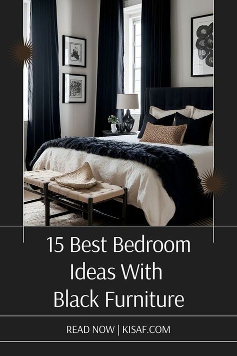 15 Bedroom Ideas With Black Furniture You Shouldn't Miss Black Headboard Bedroom Nightstands, Coastal Bedroom Black Furniture, Bedroom Paint Colors Black Furniture, Black Bed Frames Bedroom, Guest Room Ideas Black Bed Frame, Black Bed Neutral Bedroom, Master Bedrooms With Black Furniture, Black Headboard Decor, Black Furniture Bedroom Decor