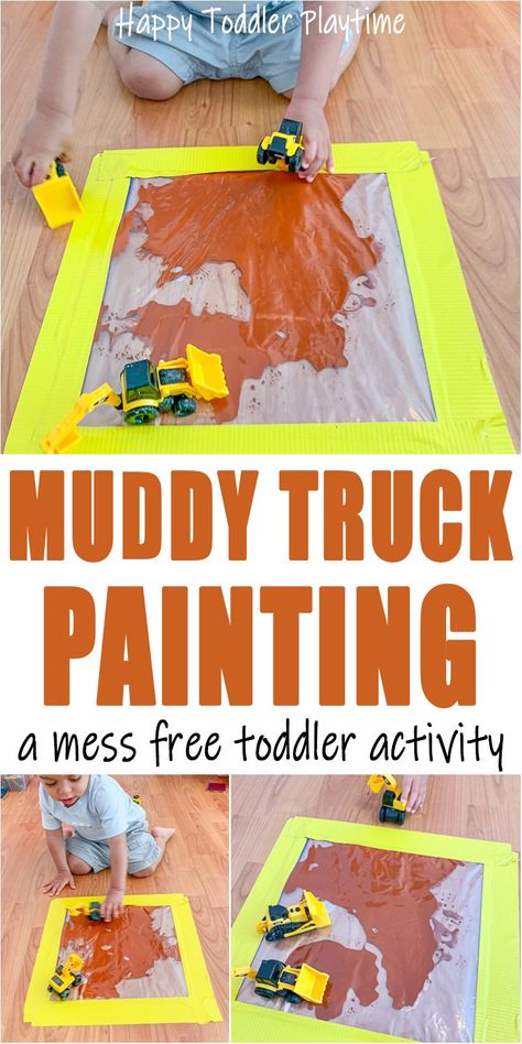 35+ Toy Car and Truck Activities for Kids - HAPPY TODDLER PLAYTIME Mess Free Toddler Activities, Muddy Truck, Activity For Babies, Truck Painting, Mess Free Painting, Maluchy Montessori, Transportation Activities, Car Activities, Toddler Painting