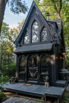 Explore the charm of living in a fairytale house. Immerse yourself in whimsical surroundings and discover the magic of a unique, dreamlike home. Whimsigoth Tiny House, Goth Tiny House, Small Gothic House, Tiny Victorian House, Black Tiny House, Reading Cottage, Modern Gothic House, Gothic Tiny House, Gothic House Plans