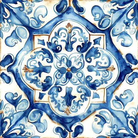 Watercolor blue tile | Premium Photo #Freepik #photo #tiles-azulejo #print-pattern #textile-pattern #seamless Greek Textiles Patterns, Greek Prints, Watercolor Tiles, Greek Tiles, Amalfi Positano, Italian Tiles Pattern, Blue Tile Patterns, Tile Design Pattern, Photo Tiles