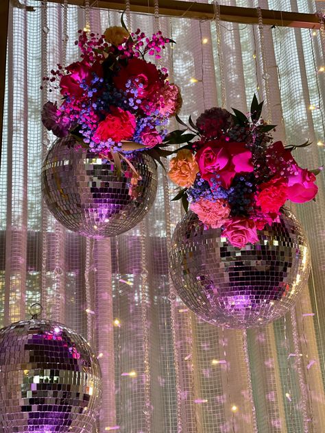 Flowers Disco Ball, Jewel Tone Birthday Party Decor, Disco Party Table Setting, Maximalist Birthday Party, Summer Disco Party, Disco Ball Bouquet, Disco Ball Vase Centerpiece, Disco Ball Decoration, Disco Ball With Flowers