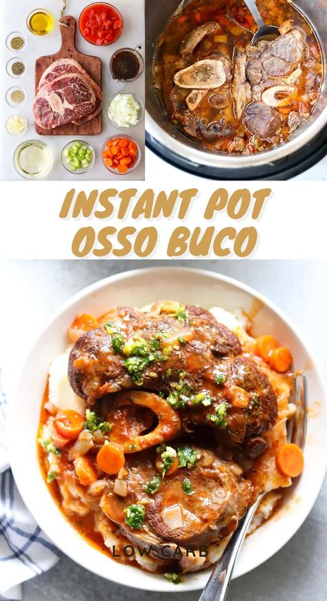 Making classic Osso Buco has never been this easy or fast! When you make Osso Buco in your Instant Pot, the meat comes out ultra tender and the sauce is rich and delicious, all cooked in about an hour! Oso Bucco Recipe Instant Pot, Instapot Beef Shank Recipe, Instant Pot Osso Bucco Recipe, Instant Pot Osso Bucco, Bison Osso Bucco Recipe, Osso Bucco Instant Pot, Bone In Beef Shank Recipe Instant Pot, Uso Buco Recipe, Pork Shanks Recipe Instant Pot