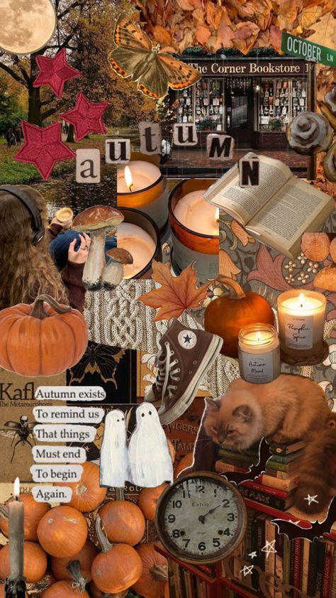 tons of autumn/fall colors, with leaves, books, pumpkins, and cat cutouts! Fall Astethic Collage, Wallpapers Fall Aesthetic, Autumn Aesthetic Collage, Fall Aesthetic Collage, October Collage, November Collage, Cutesy Wallpaper, Autumn Mood Board, Fall Core