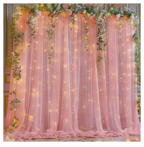 Pink Sweet 16 Backdrop, Princess Backdrop Ideas, Princess Photo Backdrop, Curtain With Lights, Debut Decorations, Recruitment Decorations, Fairy Theme Birthday Party, Sheer Backdrop, Quince Planning