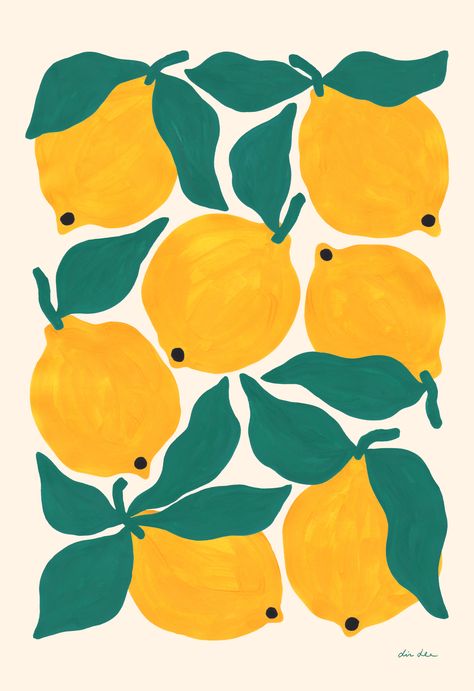 My Lemons print with bright yellow lemons and green leaves, produced as an archival quality, giclée print through @evermade Poster Ideas Painting, Lemon Poster Aesthetic, Bright Illustration Art, Simple Lemon Painting, Lemon Pattern Design, Poster Print Aesthetic, Easy Lemon Painting, Bright Wall Prints, Cool Designs Art