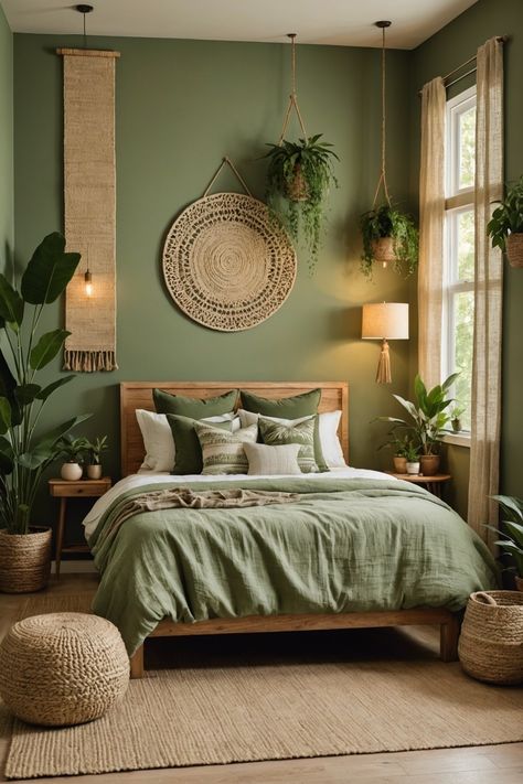 20 Sage Green Boho Style Bedroom Ideas That Rock – ToolzView Olive Green Black And Wood Bedroom, Forest Bedroom Decor, Olive Green Bedroom, Olive Green Bedrooms, Sage Bedroom, Serene Forest, Green Accent Walls, Ranch Homes, Boho Bedroom Design