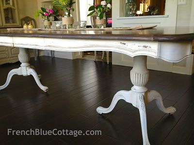 Double pedestal table finished with milk paint and chalk paint by French Blue Cottage Cottage Dining Room Ideas, Revamping Furniture, Table Refinishing, Formal Dining Room Sets, French Painted Furniture, Table Redo, Coastal Table, Dining Table Makeover, Johnson House