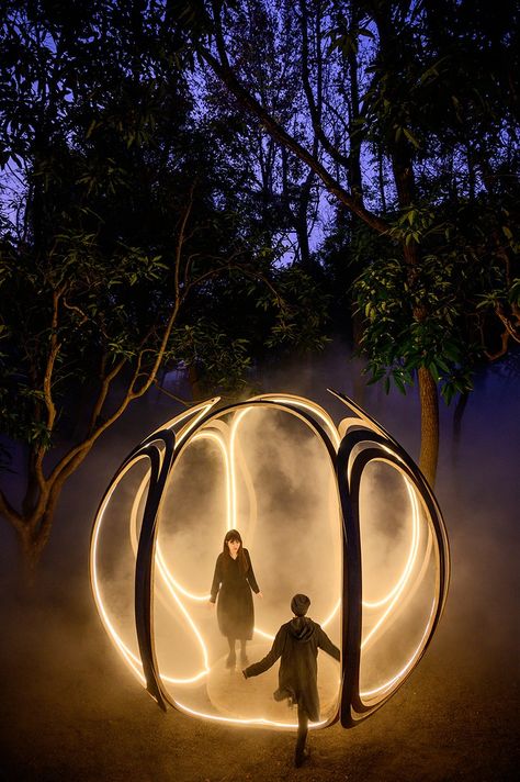 set amidst the forest, the light installation by ling-li tseng boast a sphere shape made of wooden ovals covered in LED lights. Arte Art Deco, Light Art Installation, Nature Projects, Misty Forest, Light Sculpture, Sculpture Installation, The Glow, Light Installation, Land Art