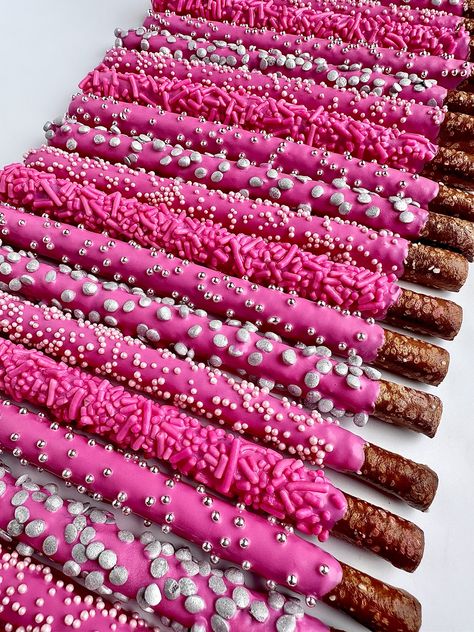 Pink Silver Themed Birthday Party, Birthday Treats For Parties, Stuff To Ask For Your 13 Birthday, Pink Birthday Party Drinks, Hot Pink Chocolate Covered Pretzels, Y2k Party Desserts, Barbie Themed Birthday Party Food Ideas, Hot Pink And Black Dessert Table, Barbie Pretzel Rods