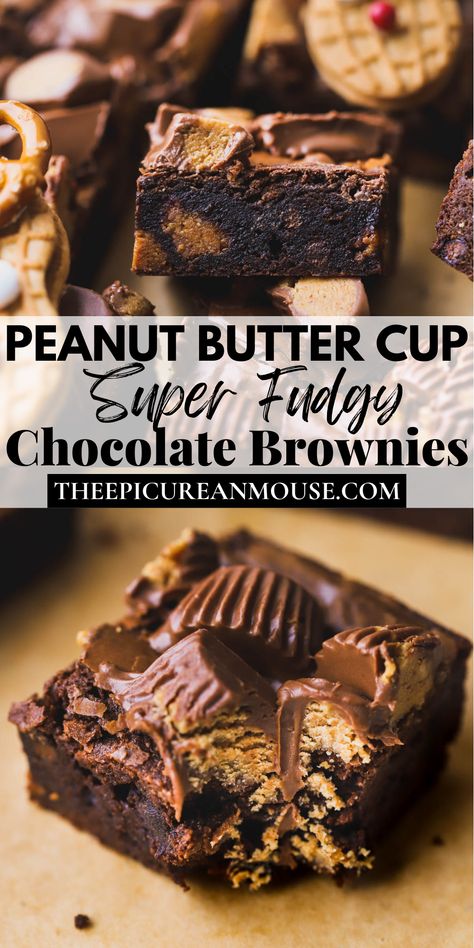 If you love the combination of chocolate and peanut butter, then these peanut butter cup brownies are a must! In every bite, you get chocolatey brownie with creamy peanut butter cups that melt in your mouth. Reese's Peanut Butter Cup Brownies, Recipes Using Peanut Butter Cups, Reeses Cup Desserts, Reese Brownies Recipe Peanut Butter Cups, Reeses Cup Brownies, Chocolate And Peanut Butter Brownies, Peanut Butter Cup Brownies Box Recipes, Brownies With Reese Cups, Reese’s Pb Cup Brownies