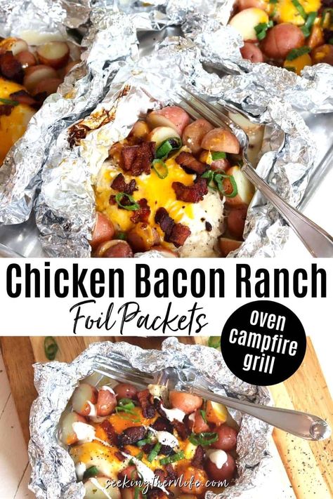 Delicious Chicken Bacon Ranch Foil Packets are SUPER EASY and can be made in your oven, over a campfire or on a grill. Foil packet dinners are so much fun and make for easy cleanup. Tender ranch seasoned chicken and potatoes are the perfect dinner idea and camping recipe! Easily customizable for your whole family! #SeekingTheRVLife Ranch Chicken And Veggies, Camping Recipes Dinner, Campfire Chicken, Grilled Foil Packets, Bacon Ranch Chicken, Chicken Foil Packets, Foil Packet Dinners, Meal Prep On Fleek, Backpacking Meals