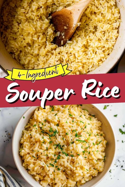 Souper Rice is a flavorful side dish that comes together in just 10 minutes. Using just four pantry staples, the risotto-like texture melts in your mouth. Souper Rice, Supper Casseroles, Minute Rice Recipes, Family Feast Recipes, Rice Side Dish Recipes, Minute Rice, Rice Side, Rice Side Dishes, Pasta Dinner Recipes