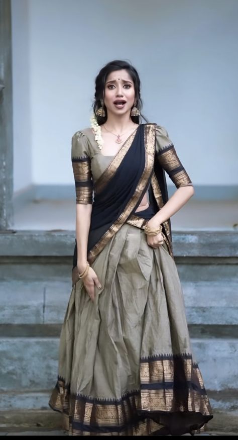 Indian Style Dresses Gowns, Black Dhavani Designs, South Indian Wear For Women, Half Saree Casual, Tamil Traditional Saree, South Indian Lehnga Dress, Lehenga Davani Designs, Half Saree Traditional Kerala, Pattu Lehengas For Women