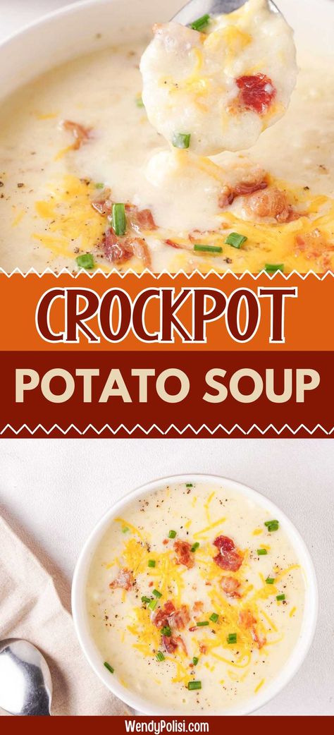 If you are craving a hearty, comforting bowl of soup, look no further than this Crockpot Potato Soup.  The slow-cooked comfort food allows you to enjoy all the flavors of a loaded baked potato in the confines of a rich and filling bowl of soup.  Prep time takes less than 15 minutes, making this an easy weeknight meal you will turn to again and again. Potato Soup Cream Cheese, Potato Soup With Cream Cheese, Crockpot Loaded Potato Soup, Soup With Cream Cheese, Baked Potato Soup Crock Pot, Soup Prep, Mashed Potato Soup, Potato Soup Crockpot Recipes, Pork Roast Crock Pot Recipes