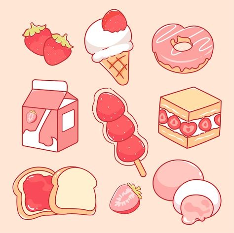 Dessert Cute Drawing, Pink Drawings Cute, Desserts Drawing Cute, Food Drawing Desserts, Cute Cartoon Strawberry, Food Cute Wallpaper, Pink Cute Doodles, Cute Menu Drawing, Foods Drawing Cute