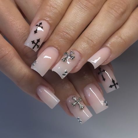 🖤 • • • #nailzzbylo #nailsnailsnails #nailart #naildesign #nailideas #nailinspo #chromehearts #nailaddict #naildesigns #covinanails #sandimasnails #626nails Gel X Tapered Square, Acrylic Nails Short Cross Design, Nail Ideas Cool Designs, God Nails Design, Medium Y2k Nails, Nail Ideas Cross, Cross Nails Short, Crown Nail Designs, Simple Nails With Charms