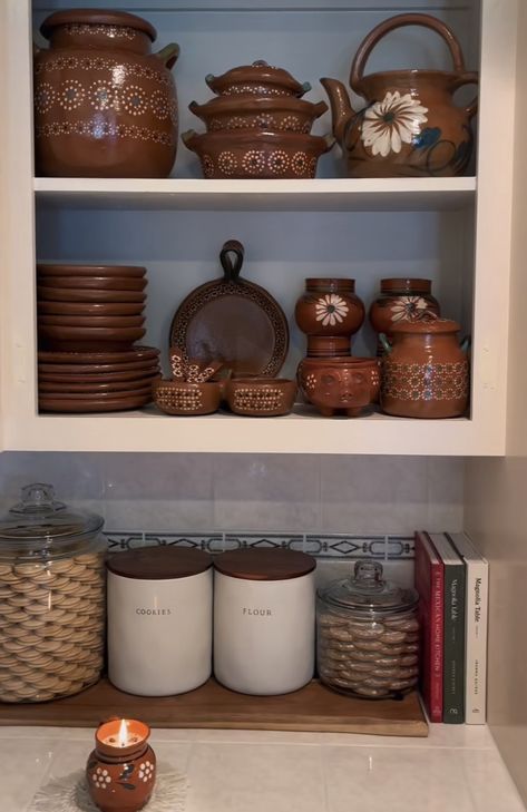 Hacienda Inspired Kitchen, Mexican Home Asethic, Mexican Boho Kitchen Decor, Hacienda Style Kitchen Decor, Home Decor Ideas Mexican Style, Mexican Interior Design Modern Kitchen, Mexican China Cabinet, Mexican Asethic Kitchen, Hacienda House Decor