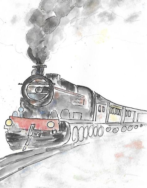 Watercolour Train Steam Locomotive Simple Fineliner Black and white Illustration Sketch Messy Rushed Easy Slight Ink Wash Simple Train Painting, Steam Train Sketch, Train Sketch Simple, Train Painting Easy, Watercolour Train, Watercolor Train, Train Sketch, Train Illustration, Power Art