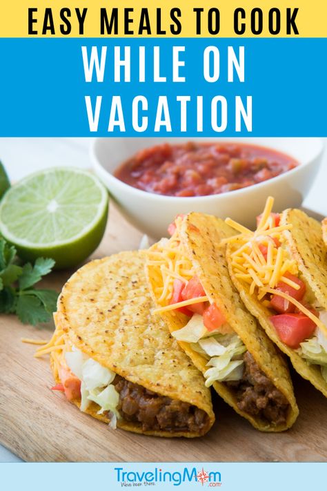 Here are simple and easy meal to make while you're on vacation. These easy dinner recipes are perfect for a relaxing night in. Meals To Cook On Vacation, Meals At The Beach, Easy Things To Cook, Beach Vacation Meals, Easy Vacation Meals, Easy Meals To Cook, Vacation Meal Planning, Vacation Snacks, Romantic Dinner Ideas