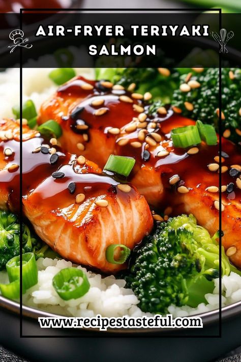 This quick and nutritious Air-Fryer Teriyaki Salmon and Broccoli Bowl is perfect for a weeknight dinner. With tender salmon fillets, crisp-tender broccoli, and vibrant vegetables served over warm rice, it's a flavorful meal that the whole family will love. Broccoli And Salmon, Broccoli Bowls, Broccoli Bowl, Salmon And Broccoli, Teriyaki Bowl, Salmon Bowl, Teriyaki Salmon, Broccoli Rice, Veggie Bowl