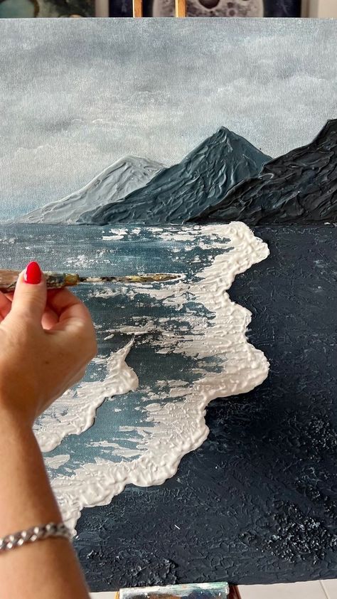 Textured Art Portrait, Sea Texture Painting, Sea Texture Art, Texture Painting Ideas On Canvas, Painting With Texture On Canvas, Textured Mountain Painting, Textured Landscape Painting, Mountain Canvas Painting Easy, Texture Art Painting