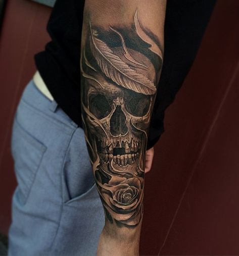 Skull tattoo on sleeve for men - 100 Awesome Skull Tattoo Designs  <3 <3 Skull Sleeve Tattoos, Skull Sleeve, Wild Tattoo, Tattoos Geometric, Geniale Tattoos, Skull Tattoo Design, Tattoo Sleeve Designs, Forearm Tattoo Men, Tattoo Trends