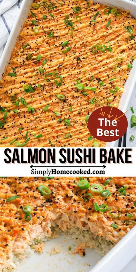 This Salmon Sushi Bake is full of salmon, imitation crab, spicy mayo, and rich cream cheese. This dish is full of spicy, creamy, and umami flavors that are delicious. Baked Sushi Recipe, Salmon Sushi Recipes, Salmon Sushi Bake, Spicy Salmon Sushi, Salmon Casserole, Sushi Bake, Salmon Cream Cheese, Easy Sushi, Salmon Sushi