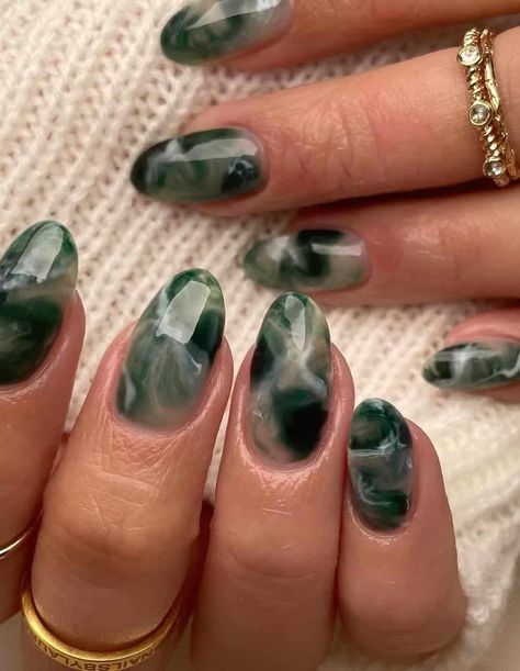 27+ Dramatic Dark Green Nails You'll Adore for 2025 Dark Green Jade Nails, Cute Forest Green Nails, Dark Green Nails With Accent Nail, Dark Green Manicure Ideas, Dark Green Christmas Nails Acrylic, Dark Jade Nails, Dark Green Nails Fall, Holiday Nails Dark Green, Dark Green Wedding Nails