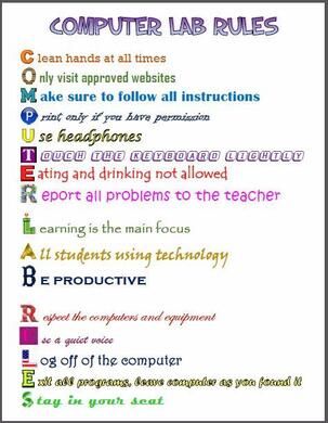 Computer Rules For Classroom, Computer Chart Ideas, Computer Lab Rules Posters, Computer Lab Posters, Computer Rules, Computer Lab Rules, Lab Rules, School Computer Lab, Computer Classroom