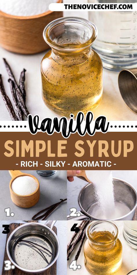 Made with just three ingredients, this fragrant Vanilla Simple Syrup is the perfect homemade sweetener for coffee, cocktails, and baking. You'll fin a million uses for this simple sweetener! Maple Simple Syrup, Vanilla Simple Syrup Recipe For Coffee, Homemade Vanilla Syrup For Coffee, Homemade Vanilla Syrup, Simple Syrup For Cocktails, Syrups For Coffee, Vanilla Simple Syrup, Syrup For Cocktails, Vanilla Syrup For Coffee