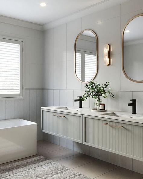 Hampton Vanity Bathroom, Hamptons Tapware, Hamptons Ensuite, Modern Hamptons Bathroom, Hamptons Bathroom Ideas, Double Floating Vanity, Hampton Style Bathroom, Off White Bathroom, Hamptons Bathroom