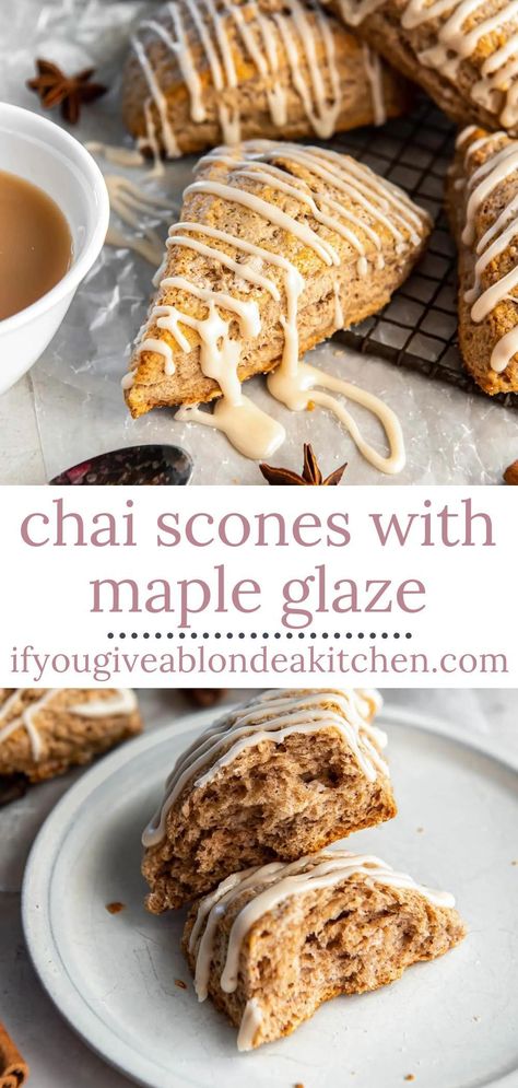 Looking for a sweet cozy breakfast pastry recipe? Give these Chai Scones with Maple Glaze a try! They are perfectly flaky and tender and easy to make from scratch. Make them this fall and winter! Maple Chai Scones, Vanilla Chai Scones, Sweet Fall Breakfast Ideas, Chai Scones With Maple Glaze, Chai Tea Scones, Maple Glaze For Scones, Bake For Breakfast, Gingerbread Sourdough Scones, Fall Breakfast Baked Goods