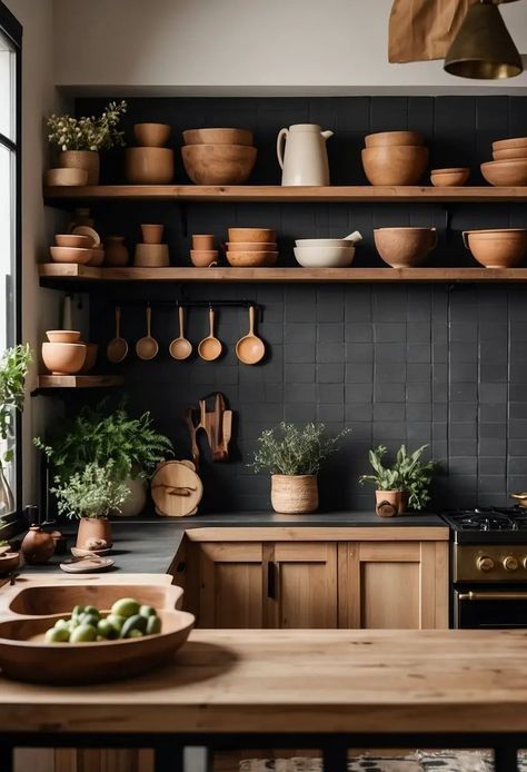 Rustic Modern Kitchens: The Perfect Blend of Old and New - Kitchen Informant Aesthetic Rustic Kitchen, Kitchen Material Palette, Earthy Small Kitchen, Nature Kitchen Ideas, Cozy Contemporary Kitchen, Neutral Cozy Kitchen, Natural Material Kitchen, Rustic Cabin Interior Design, Black And Neutral Kitchen