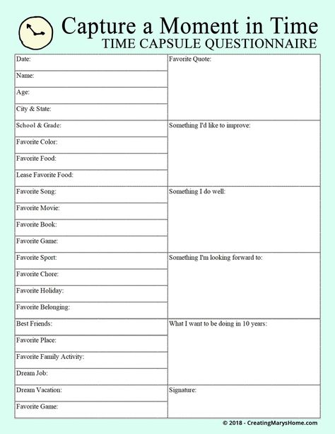 Time Capsule Questionnaire, Time Capsule Worksheet, New Years Time Capsule For Kids, Family Time Capsule Ideas, Time Capsule Ideas For Friends, How To Make A Time Capsule, What To Put In A Time Capsule, Things To Put In A Time Capsule, Time Capsule Ideas What To Put In A