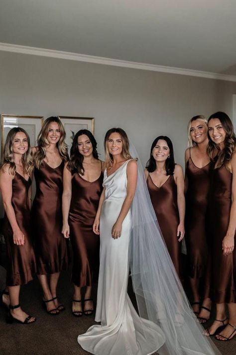 Dark Brown Bridesmaid Dresses, Chocolate Brown Bridesmaids, Chocolate Brown Bridesmaid Dresses, Chocolate Brown Bridesmaid Dress, Tan Bridesmaids, Chocolate Bridesmaid Dresses, Tan Bridesmaid Dresses, Brown Wedding Themes, Brown Satin Dress