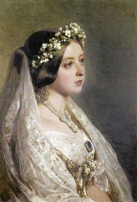 Wedding Day. Queen Victoria Queen Victoria, Queen, Flowers In Her Hair, A Wedding Dress, Her Hair, Tiara, Veil, A Wedding, A Woman