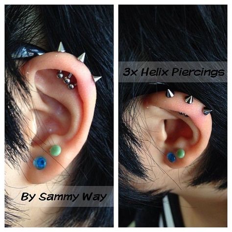 Cool Pericing Ideas, Triple Helix Piercing Spikes, Triple Helix Piercing, Triple Lobe Piercing, Gold Emerald Earrings, Triple Forward Helix, Triple Helix, Unique Stud Earrings, Men's Piercings