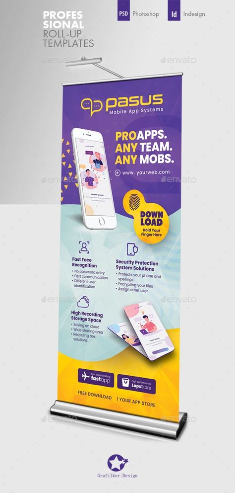 Mobile App Roll-Up Template PSD, InDesign INDD. Download Vertical Banner Design Ideas, Download App Banner, Rollup Design Inspiration, Download App Poster, Rollup Design Ideas, Roll Up Design Inspiration Rollup Banner, App Poster Design, Roll Up Banner Design Inspiration, App Banner Design