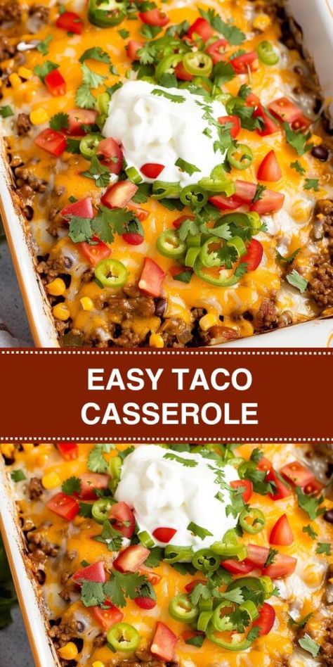 Try this Easy Taco Casserole recipe for a quick and flavorful dinner that's perfect for busy weeknights. Made with seasoned ground beef, zesty salsa, crunchy tortilla chips, and melted cheese, this Mexican-inspired casserole is a The Best Mexican Beef Casserole Ever, Taco Salad Bake Casserole, Deep Dish Taco Casserole, Stacked Tortilla Casserole, Ground Beef Recipes Mexican Easy Dinners, Beef Mexican Casserole Recipes, Taco Flavored Recipes, Ground Beef With Tortillas, Mexican Taco Bake Casserole