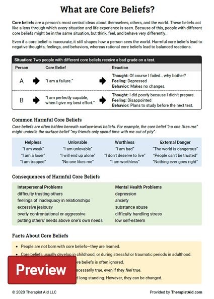 Core Beliefs Info Sheet (Worksheet) | Therapist Aid Counselling Activities, Negative Core Beliefs, Divorce Counseling, Marital Counseling, Marriage Therapy, Cognitive Therapy, Cognitive Behavior, Marriage Help, Counseling Activities