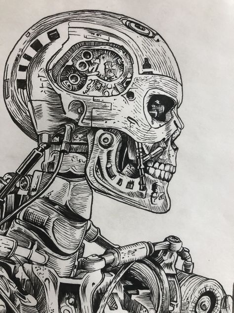 Robot Skull Drawing, Steampunk Skull Drawing, Animal Ink Art, Terminator Illustration, Robot Drawing Sketches, Terminator Drawing, Skull Tattoo Drawing, Robotic Drawing, Terminator Tattoo