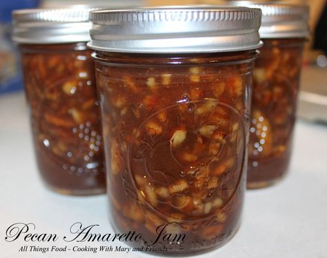 Wonderful Amaretto Pecan Jam!! It's wonderful on toast, pancakes/waffles, between cake layers, and as a filling in cinnamon rolls, etc. Cooking With Mary and Friends: Pecan Amaretto Jam. Filling Between Cake Layers, Mix Spices, Pecan Pie Filling, Canning Jam, Slotted Spoon, Pepper Jelly, Jam And Jelly, Jelly Recipes, Home Canning