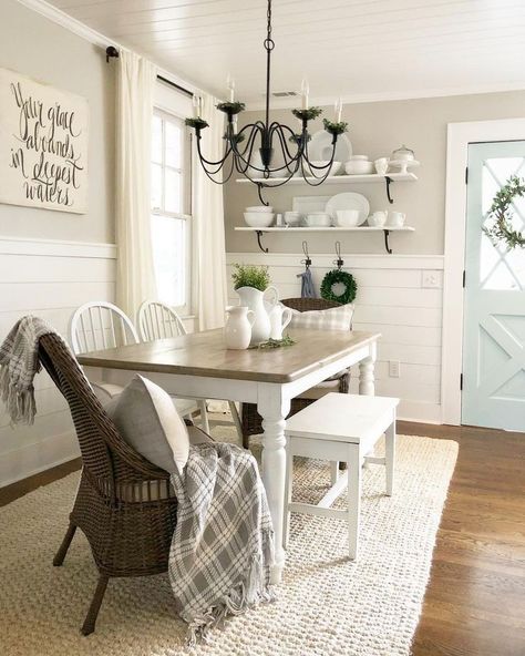 Shiplap walls and beadboard ceiling. Home Remodeling |Modern Farmhouse Design|Farmhouse Style|Farmhouse Design|Shiplap Decor|Farmhouse Remodel| #Remodelingdoneright #Farmhousestyle #Modernfarmhouse #shiplap  #Farmhousedesign #InteriorDesign #Homestylist #indyhomestylist #creatingspaces #ewchomeservices #Lifeanddesign #designlife #Danvilleindiana #indianaremodelingcompany Farmhouse Dining Room Set, Rustic Farmhouse Dining Room, Farmhouse Style Dining Room, Koti Diy, Dining Room Shelves, Farmhouse Dining Rooms Decor, Modern Farmhouse Dining Room, Farmhouse Dining Room Table, Modern Farmhouse Dining