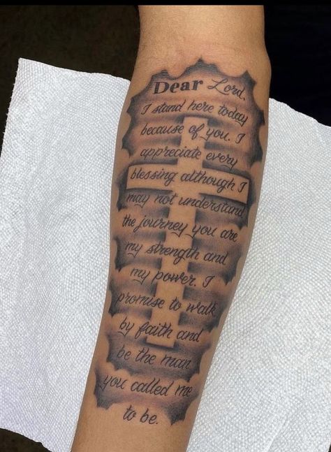 Inner Arm Tattoo For Men Bible Verse, Tattoo Tribute To Grandfather, Lord Forgive Me For My Sins Tattoo, Qoutes Tattoos Ideas Men, Inner Forearm Tattoo Quotes, Arm Tattoo Men Quotes, Love God Tattoo, Mark 9:23 Tattoo Men, Men God Tattoos