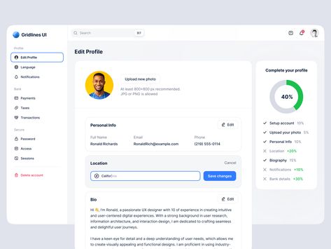 Edit Profile UI on Behance User Profile Web Design, Instagram Ui Design, Profile Settings Ui Design, Profile Page Web Design, Edit Profile Ui Design, Profile Ux Design, Profile Ui Web, Profile Card Ui, User Profile Ui Design