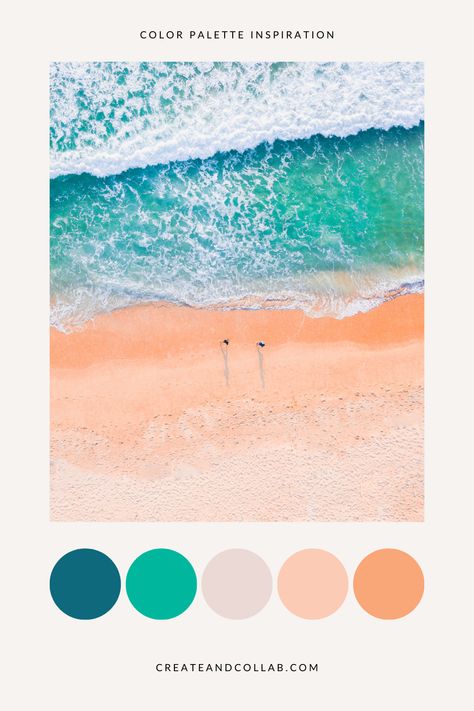 Summer Pallets Colors, Peach Teal Aesthetic, Turquoise And Sand Color Palette, Colour Palette With Turquoise, Peach And Turquoise Bedroom, Summer Beach Colour Palette, Aqua And Blush Color Palette, Beach Colors Paint, Lagoon Color Palette