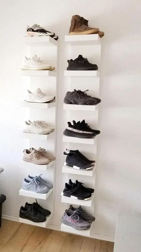 Keep these ideas in handy if you need more storage space for your shoes. Shoes Rack Ideas, Shoe Organization Small Space, Wall Shoe Storage, Shoe Rack Ideas, Shoe Rack For Small Spaces, Ikea Lack Shelves, Shoe Storage Small Space, Ikea Shoe, Closet Shoe